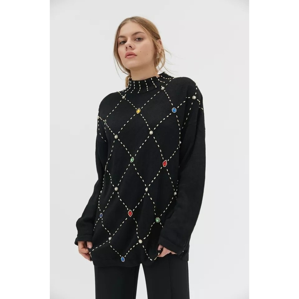 Vintage OHI Beaded Women's Sweater M Black Ramie/Cotton Urban Renewal‎ Size M
